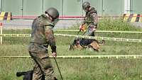 Zwei Soldaten laufen bei der Spürhund-Ausbildung jeweils mit einem Hund über ein abgesperrtes Gelände.