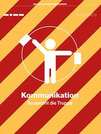 Das Cover vom Y-Magazin „Kommunikation“ mit einem Piktogramm auf diagonalen Streifen