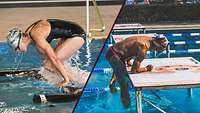 Zwei Schwimmer überwinden ein Hindernis im Wasser