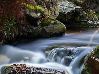 Ein Flussabschnitt, aufgenommen mit einem Graufilter. Das Wasser wirkt weich.