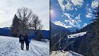 Zwei Bilder nebeneinander – links wandernde Menschen, rechts Blick auf eine Brücke in die Berge