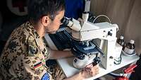 Ein Arzt schaut konzentriert in ein Mikroskop und untersucht ene Blutprobe