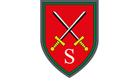 Auf Rot kreuzen sich zwei schwarz-silberne Schwerter mit goldenem Griff, mittig ein S für Schule.