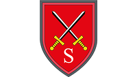Auf rotem Grund zwei schwarz-silberne Schwerter mit goldenen Griffen, mittig ein S für Schule.