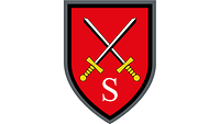 Auf rotem Hintergrund zwei schwarz-silberne Schwerter mit goldenen Griffen, unten ein S für Schule.