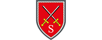 Auf Rot kreuzen sich zwei schwarz-silberne Schwerter mit goldenem Griff, darunter ein S für Schule.