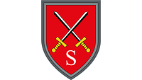 Auf Rot kreuzen sich zwei schwarz-silberne Schwerter mit goldenem Griff, mittig ein S für Schule.