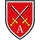 Auf Rot zwei schwarz-silberne Schwerter mit goldenen Griffen, mittig ein silbernes A für Ausbildung.