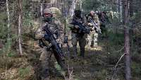 Several soldiers move in single file through the forest with their equipment.