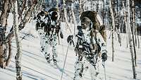 Bundeswehr soldiers move on skis through a snow-covered forest.