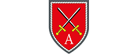 Auf Rot zwei schwarz-silberne Schwerter mit goldenen Griffen, mittig ein silbernes A für Ausbildung.