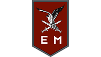 Auf kastanienbraunem Schild zwei Schwerter, auf ihnen landet ein Falke, darunter die Buchstaben EM.
