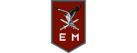 Auf kastanienbraunem Schild zwei Schwerter, auf ihnen landet ein Falke, darunter die Buchstaben EM.