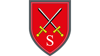 Auf Rot kreuzen sich zwei silberne Schwerter mit goldenen Griffen, darunter ein S für Schule.