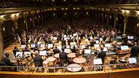 Orchester spielt vor einem vollbesetzten Konzertsaal