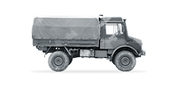 Ein Fahrzeug vom Typ LKW 2t gl Unimog freigestellt in Seitenansicht
