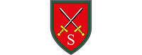 Auf Rot kreuzen sich zwei schwarz-silberne Schwerter mit goldenem Griff, darunter ein S für Schule.